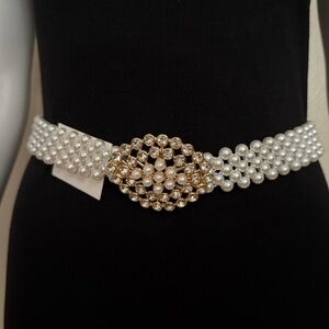 Faux pearls elasticized waistband skinny belt with gold tone buckle